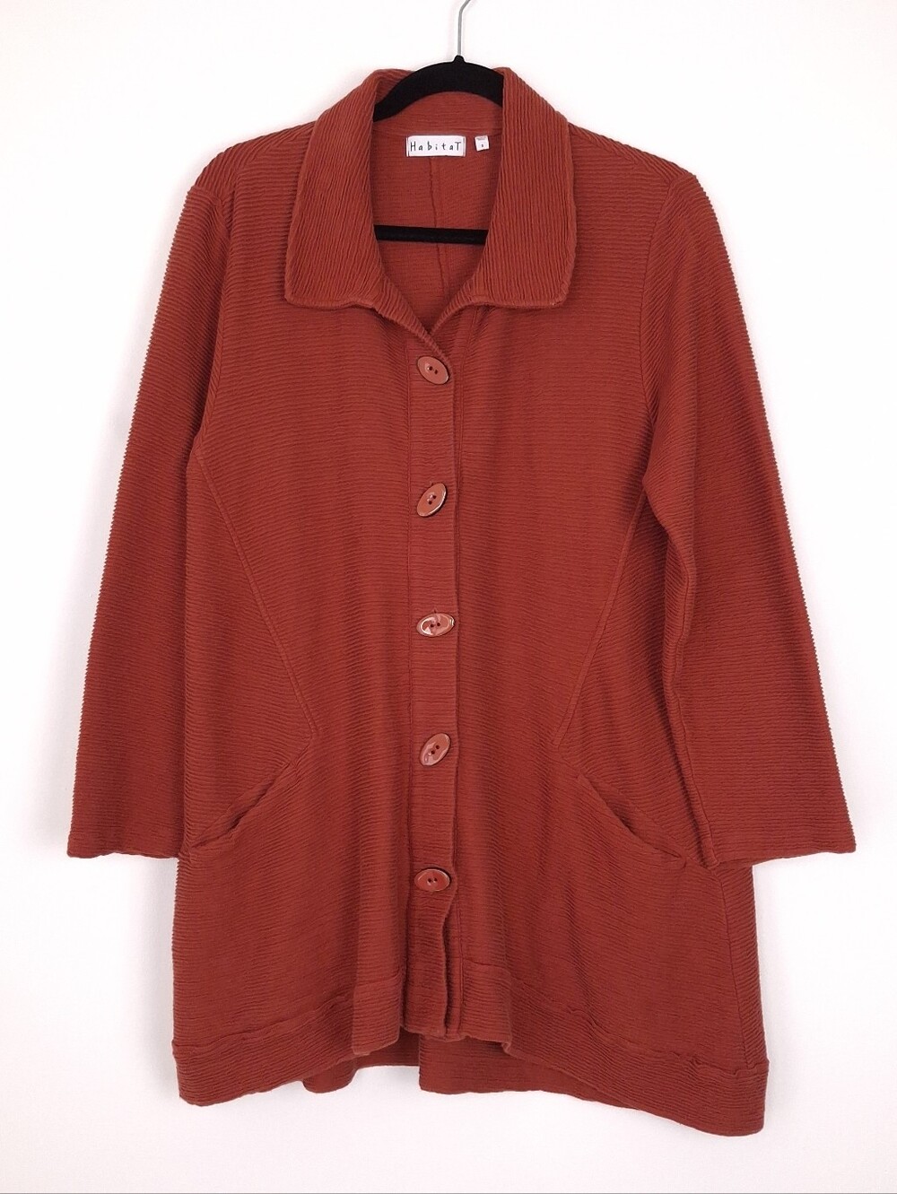 Habitat ribbed tunic jacket Lagenlook artsy boho chunky buttons fall rust brown